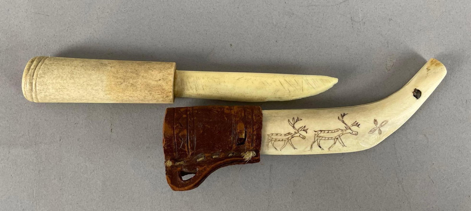 Vintage Finnish Sami Puukko Reindeer Horn Knife: Measures 8 1/4 inches with scabbard, 3 1/2 inches blade