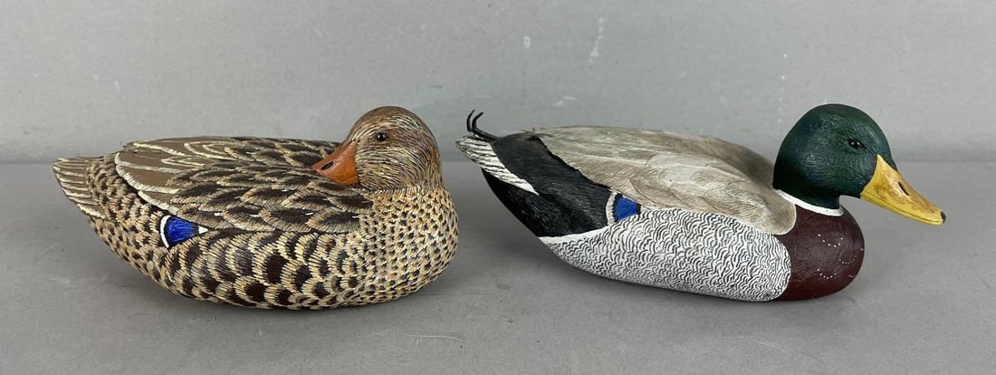 Pair of Hand-Painted Miniature Mallard Duck Decoys: Signed tom and Deb Dietrich, longest measures 6 3/4 inches