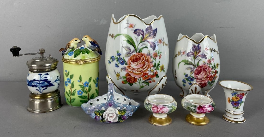 Group of Assorted Floral Porcelain Items: Largest Limoges egg vase measures 5 1/2 inches x 3 3/4 inches