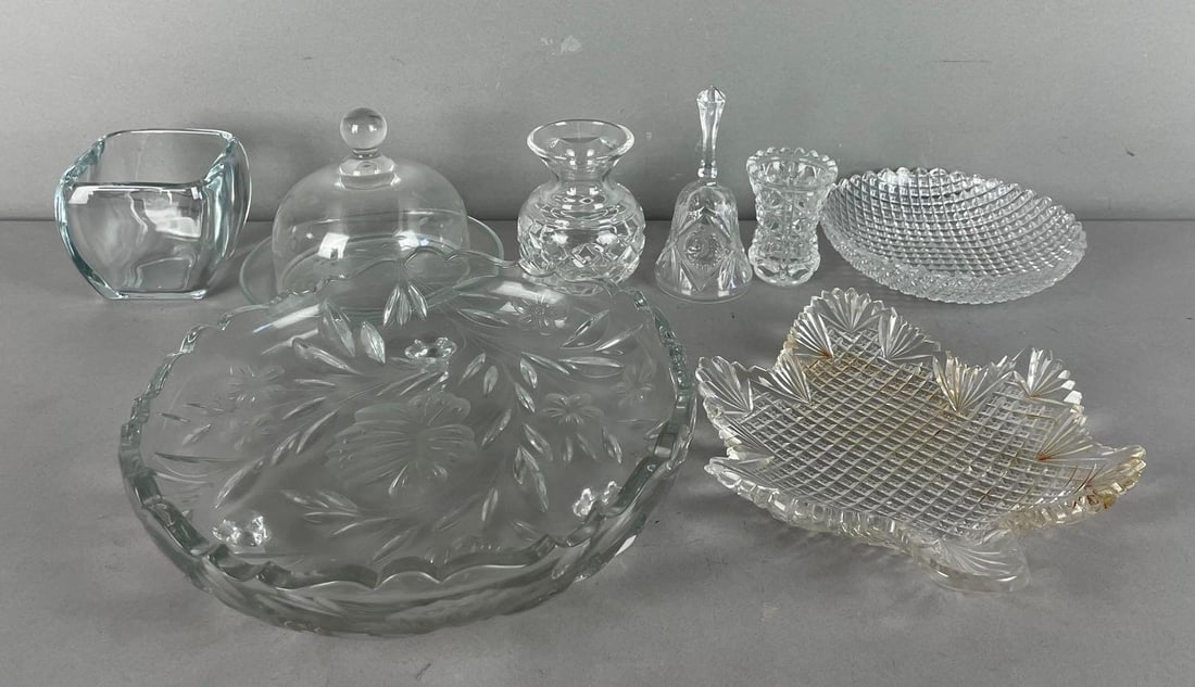 Group of Vintage Glass Items: Includes vases, bell, largest dish measures 2 3/4 inches x 9 1/2 inches