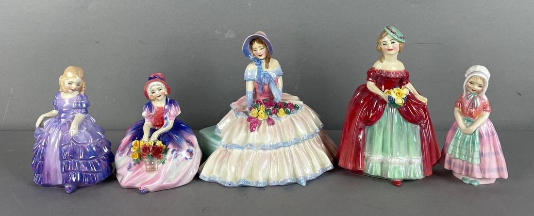 Group of Royal Doulton Bone China Ladies in Victorian Dress Figurines: Includes rose, Monica, dainty may, tallest measures 6 inches