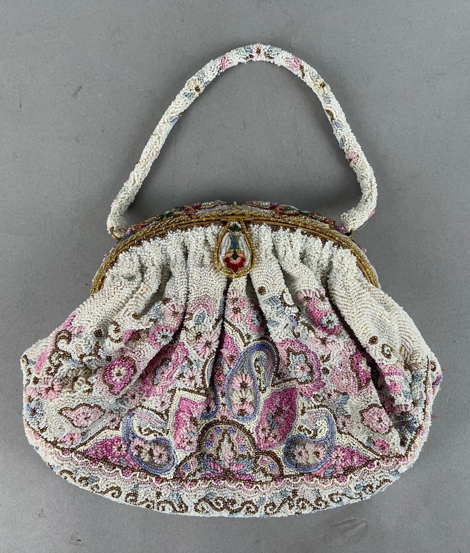 Vintage Floral Beaded Purse: Includes mirror, measures 7 inches x 9 inches without strap