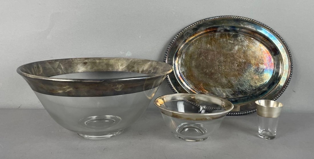 Group of Silver Plate Edge Glass Dishes: Includes platter with crest, mixing bowl measures 4 3/4 inches x 10 1/4 inches