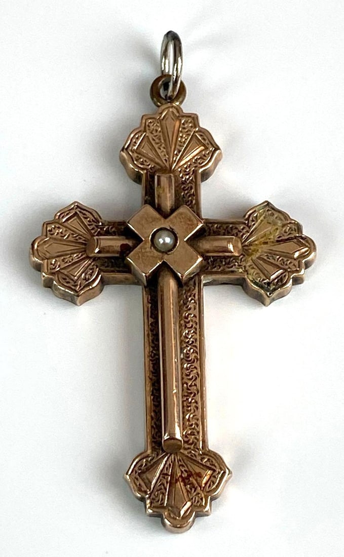 Gold Filled Pearl Cross Pendant: Measured 2 inches H x 1 inches W