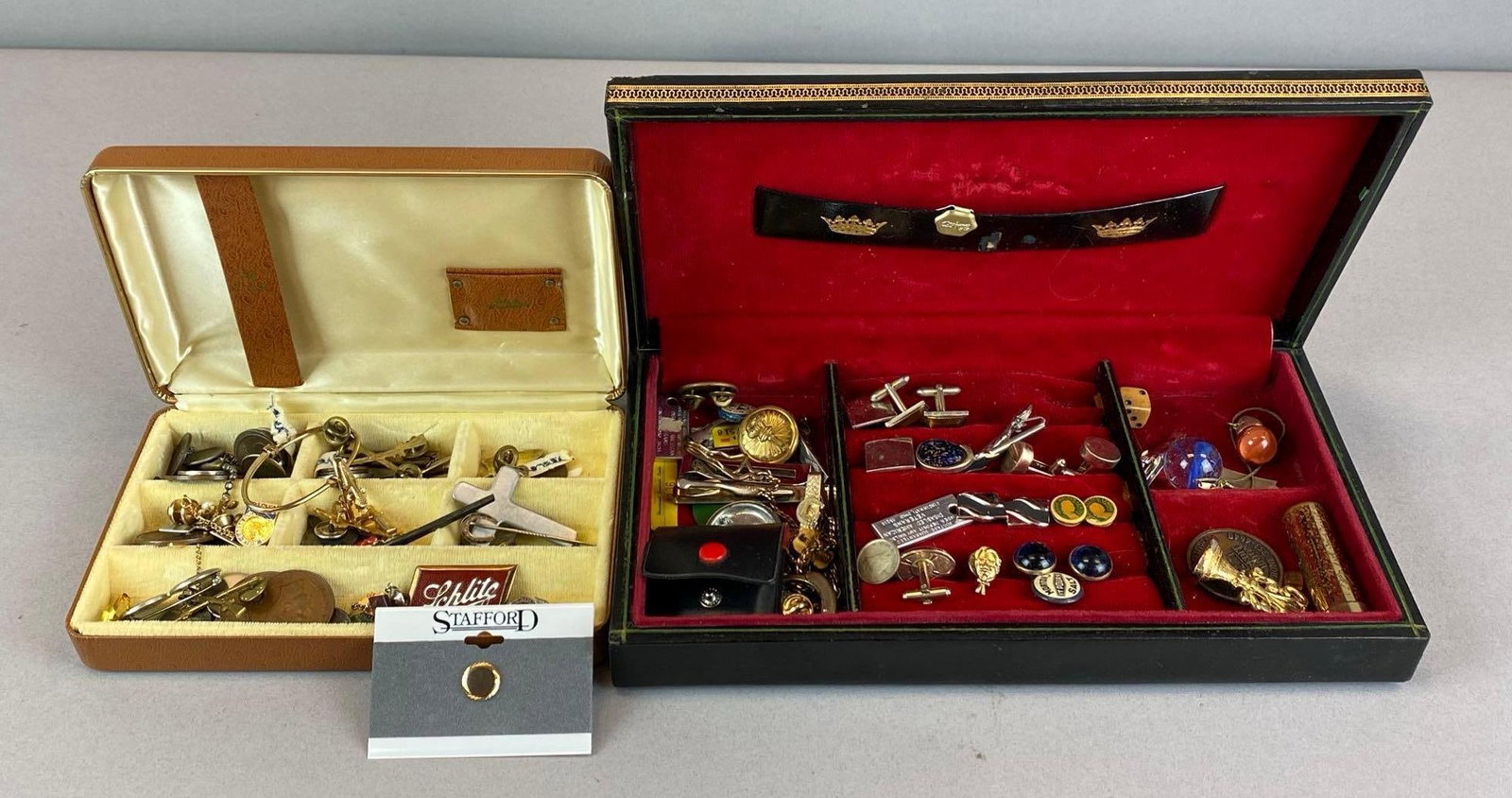 Group of Assorted Costume Jewelry and More: Includes die, marble, cufflinks, tie pins, tie clips and more, all in 2 jewelry cases, largest case measures 6 inches H x 11 inches W x 2 inches D
