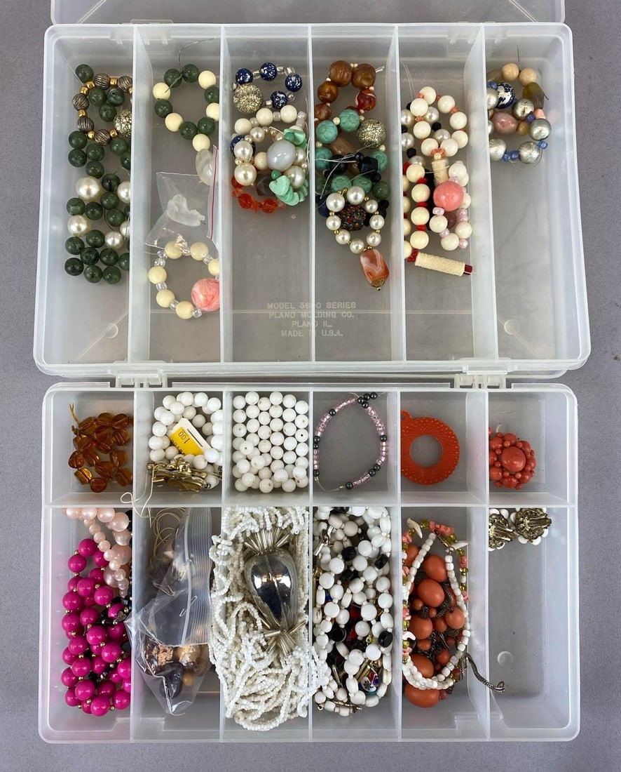 Group of Assorted Costume Jewelry: Includes necklaces, loose beads, earrings and more, each case measures 7 inches H x 11 inches W