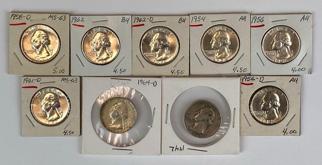 Group of 9 1940s - 1960s US Washington Silver Quarters (1 of 2)