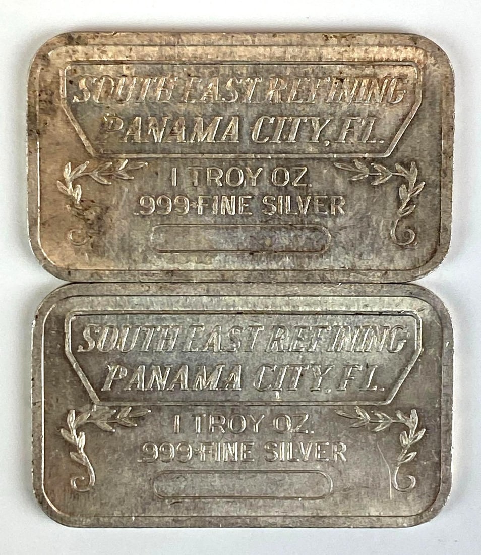 Group of 2 Southeast Refining 1 Oz 999+ Finer Silver Ingot/Bar: Group of 2 Southeast Refining 1 Oz 999+ Finer Silver Ingot/Bar