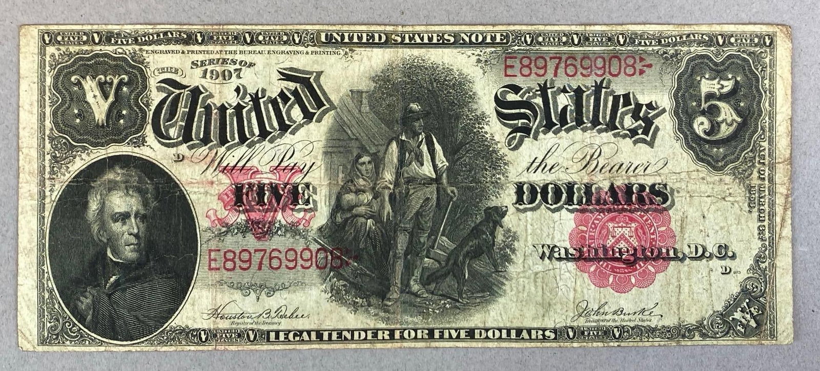 1907 US $5 Woodchopper Large Bank Note: plate D, Serial # E89769908