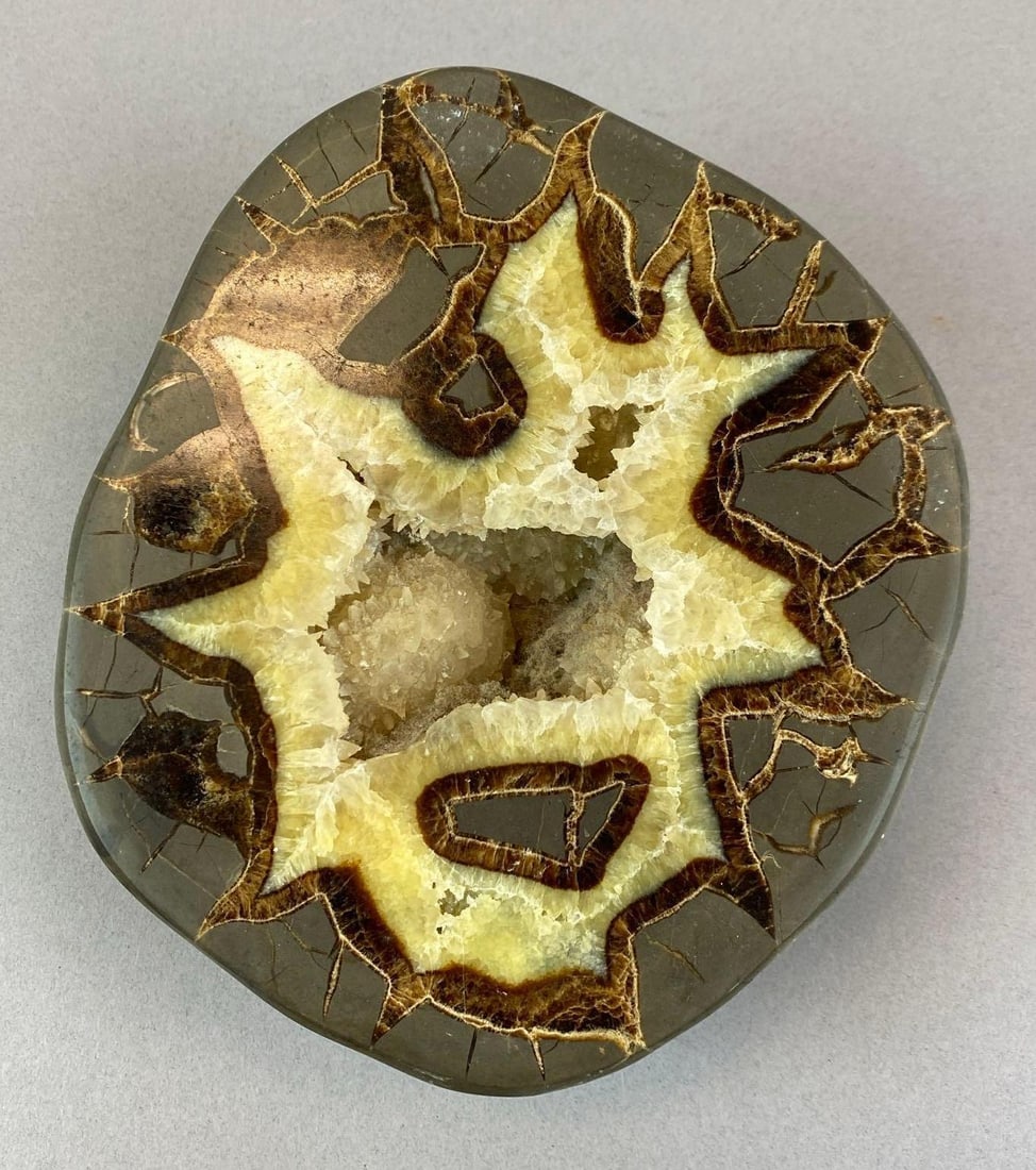 Polished Crystal Filled Septarian Nodule Half: Measures 7 inches H x 6 1/2 inches W x 3 inches D