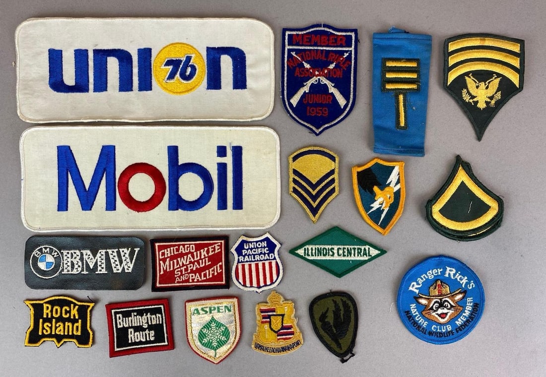 Group of Assorted Patches: Includes US Military, Burlington Route, BMW, NRA and more, largest measures 4 inches H x 10 inches W