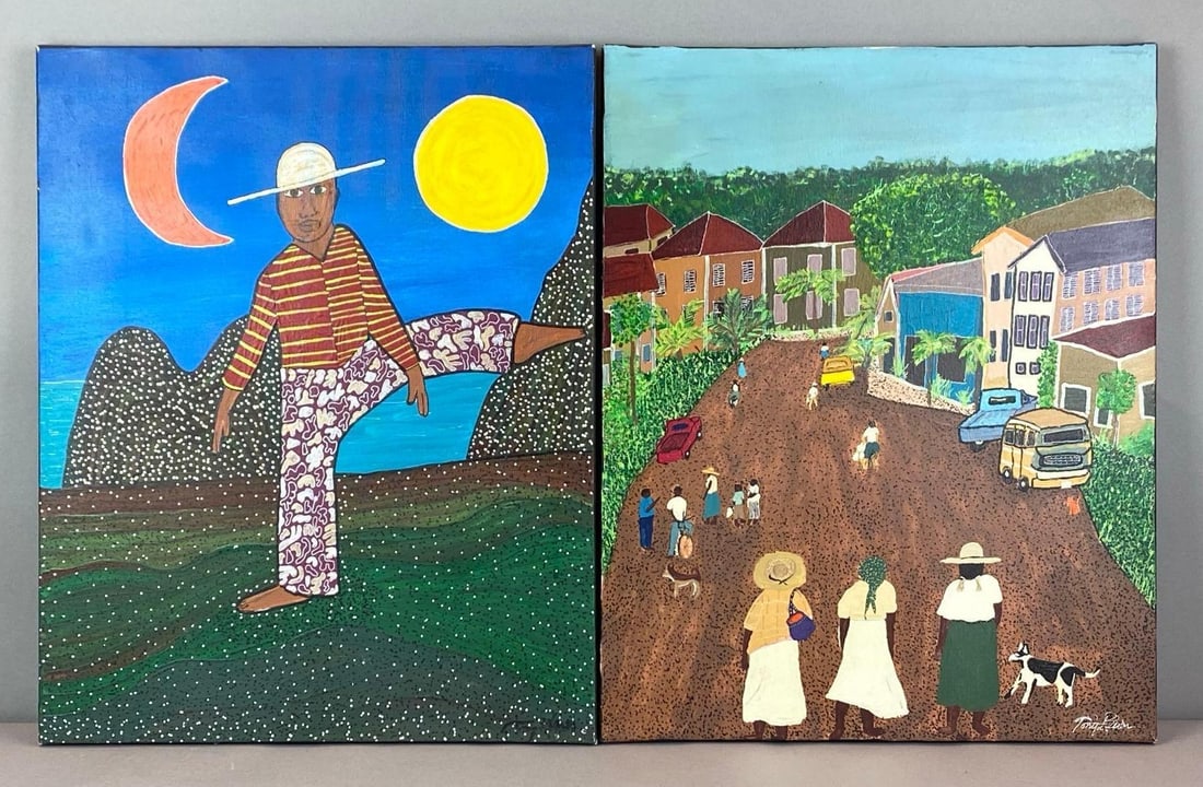 Group of 2 Artist Signed Folk Art Oil On Canvas Paintings: artist signature on bottom right of each painting, each measures 20 inches H x 16 inches W