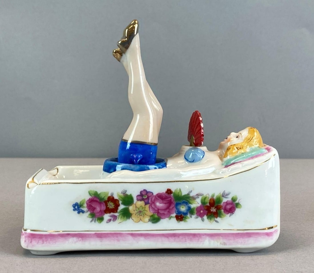 G Novelty Co Naughty Nodder Porcelain Risque Ashtray: makers sticker on base, measures 5 inches H x 5 1/2 inches W x 3 inches D