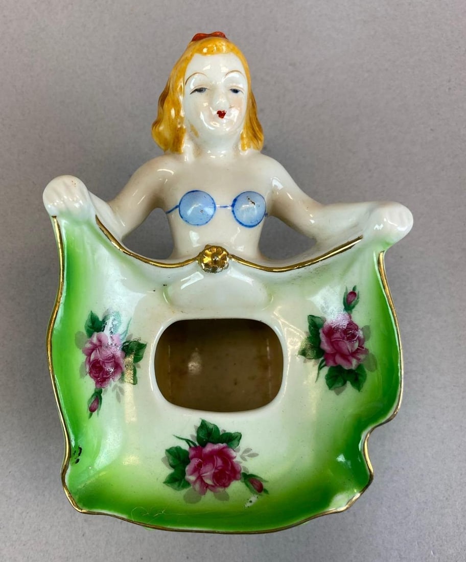 Vintage Naughty Nodder Risque Porcelain Ashtray: Made in japan, marked on base, missing legs, measures 3 1/2 inches H x 4 inches w x 6 inches D