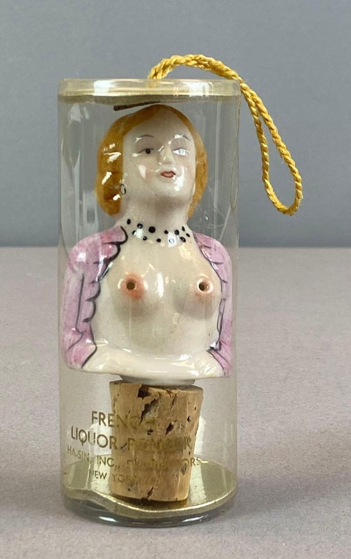 Vintage Ha-Sin Adult Nude Woman French Liquor Pourer Stopper: In original packaging, measures 4 inches H x 1 3/4 inches W x 1 3/4 inches D