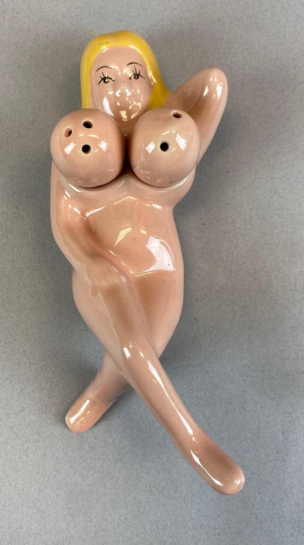 Vintage Nude Woman Lounging Salt and Pepper Shaker Set: Measures 7 inches H x 3 inches W x 2 1/2 inches D