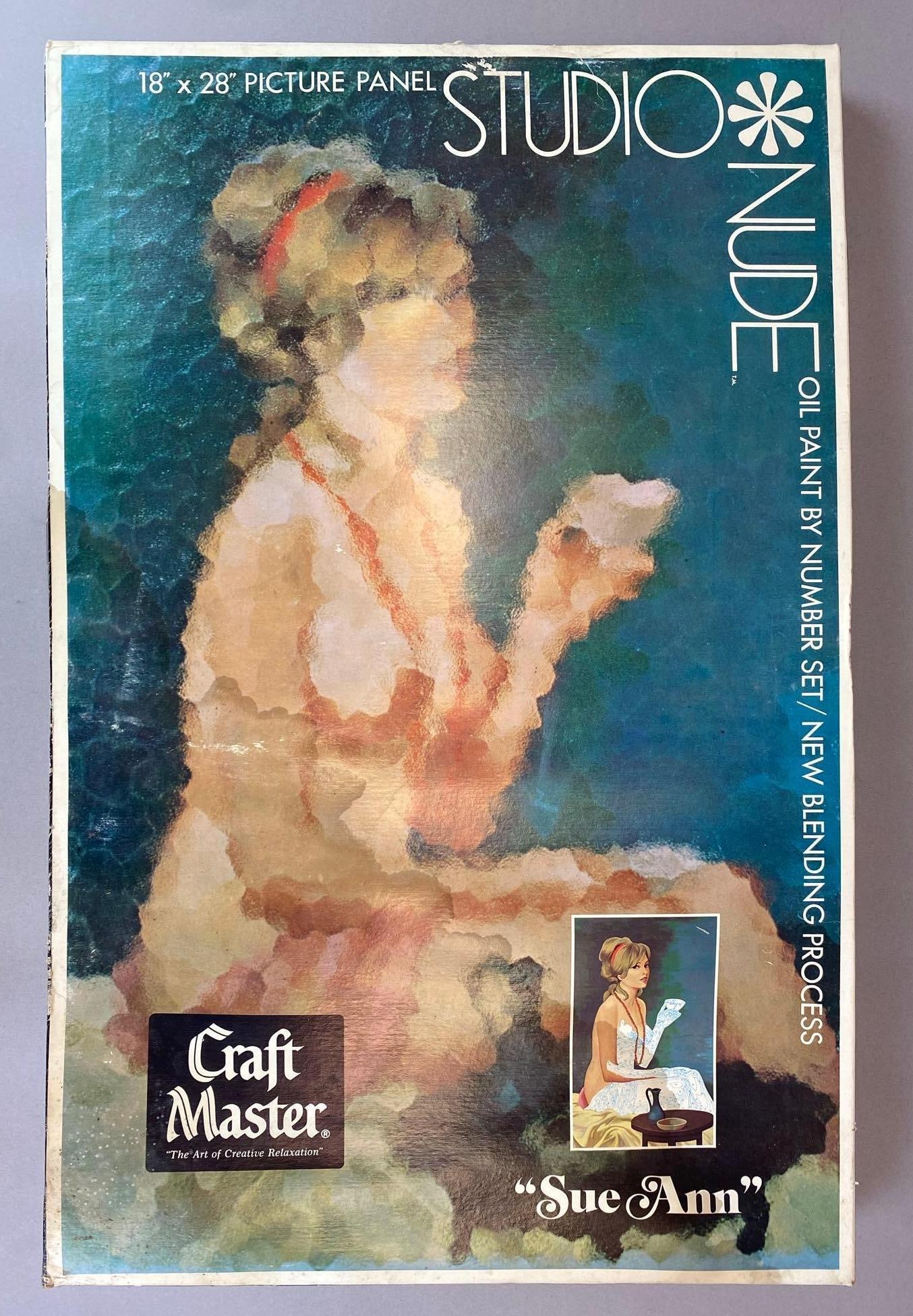 1970 Craft Master Studio Nude Sue Ann Paint By Number Set: Set seems complete, original paints and panel included, wear shown on box, box measures 28 1/2 inches H x 18 1/2 inches W