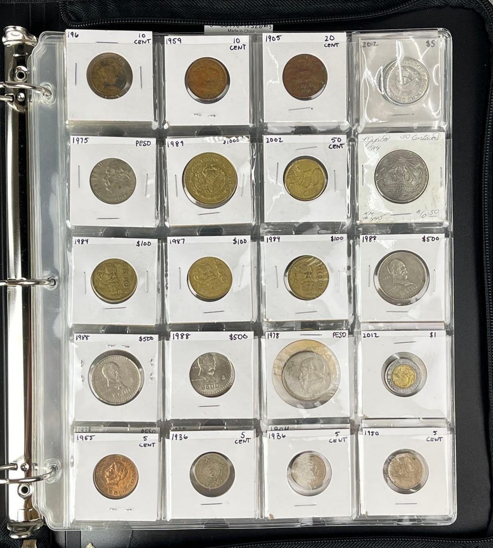 Group of 40 Coins and More in a Binder: Includes Lasalle County IL150th Anniversary commemoration coin, 1955 Mexican Centavos and more.
