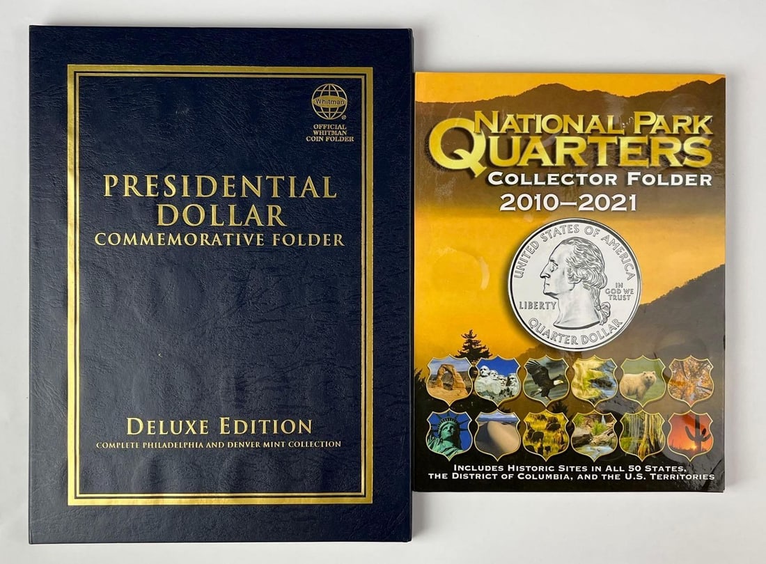 Group of 60 US Quarters and Dollar Coins in 2 Whitman Albums: Includes 46 National Park Quarters and 14 Presidential Dollars.