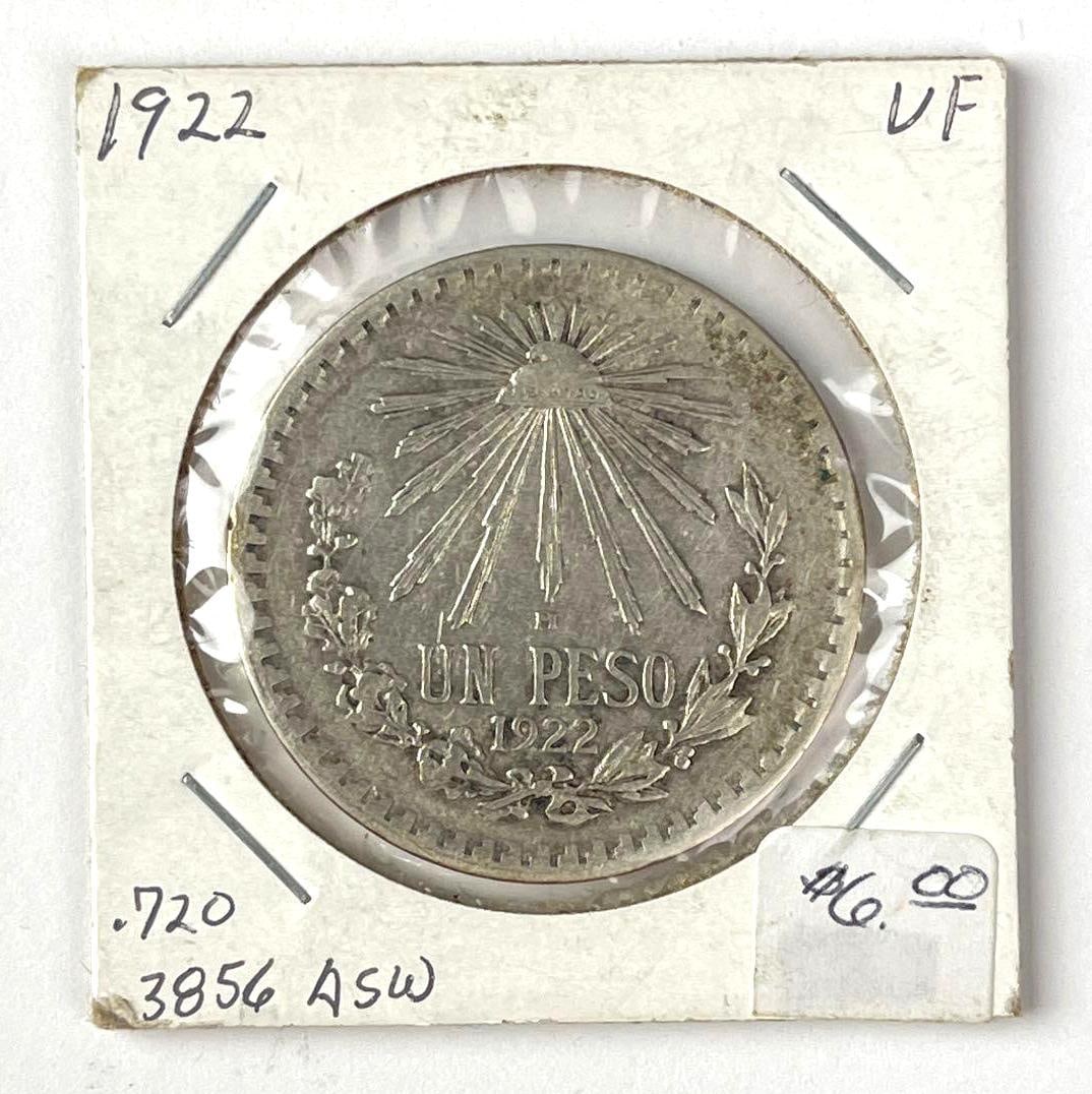 1922 Mexico 1 Peso Liberty Cap and Rays .720 Silver Coin: 1922 Mexico 1 Peso Liberty Cap and Rays .720 Silver Coin