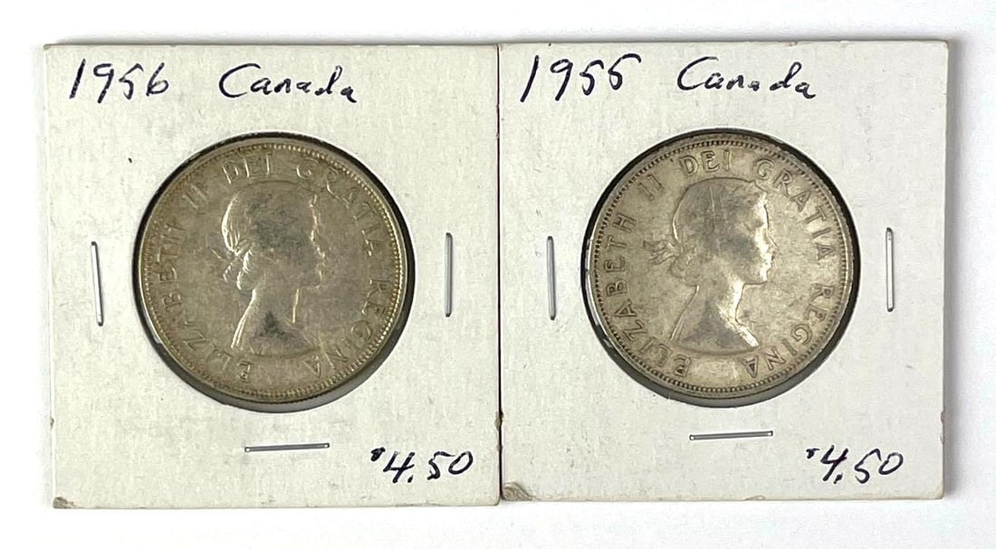 Group of 2 Canada 50 Cent Coins: Includes years 1955 and 1956.