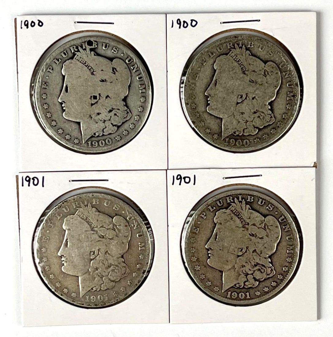 Group of 4 US Morgan Silver Dollars: Includes 2 1900 O and 2 1901 O.