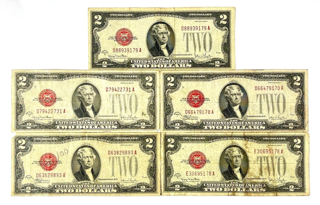 Group of 5 1928 US $2 Red Seal Notes (1 of 2)