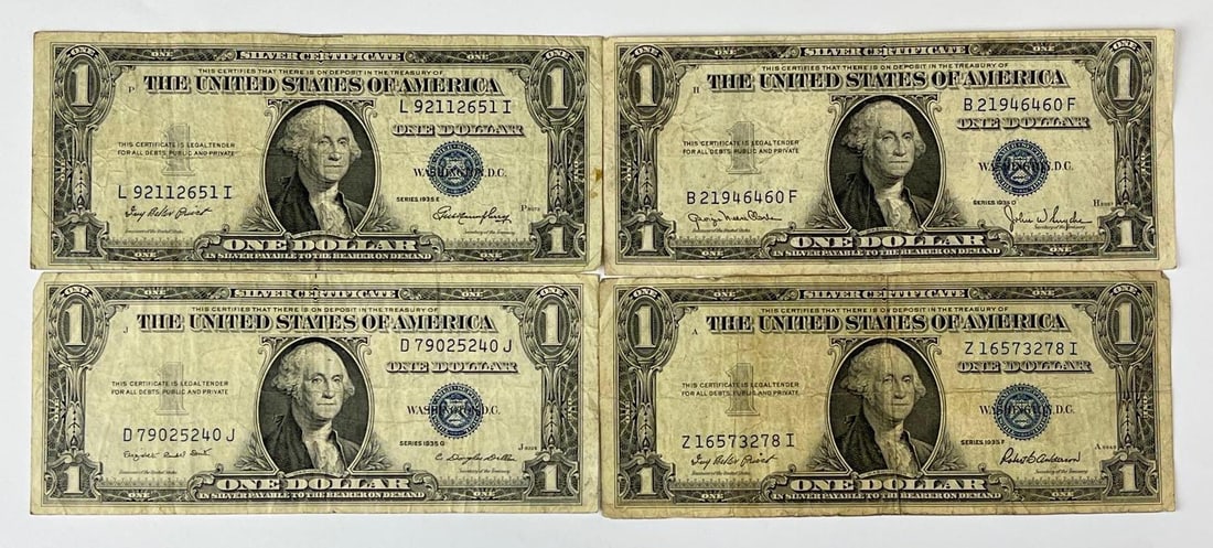 Group of 4 1935 US $1 Blue Seal Silver Certificates: Group of 4 1935 US Blue Seal Silver Certificates