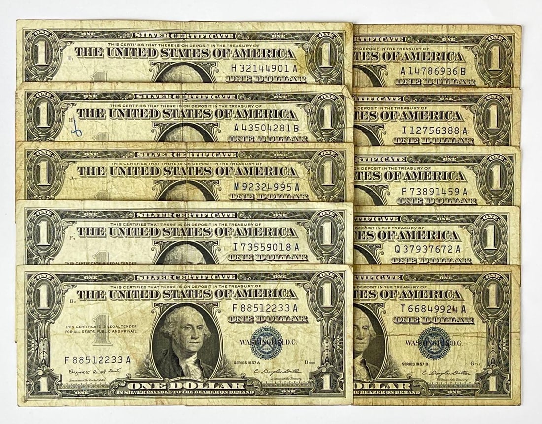 Group of 10 1957 US $1 Blue Seal Silver Certificates (1 of 2)