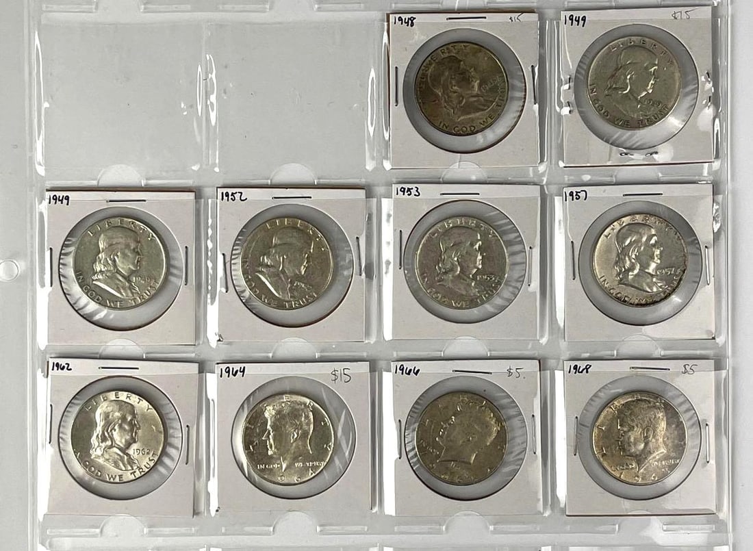 Group of 10 US Half Dollars: Includes 3 Kennedy and 7 Franklin. Feature 1 90% Silver Kennedy and 7 90% Silver Franklins.