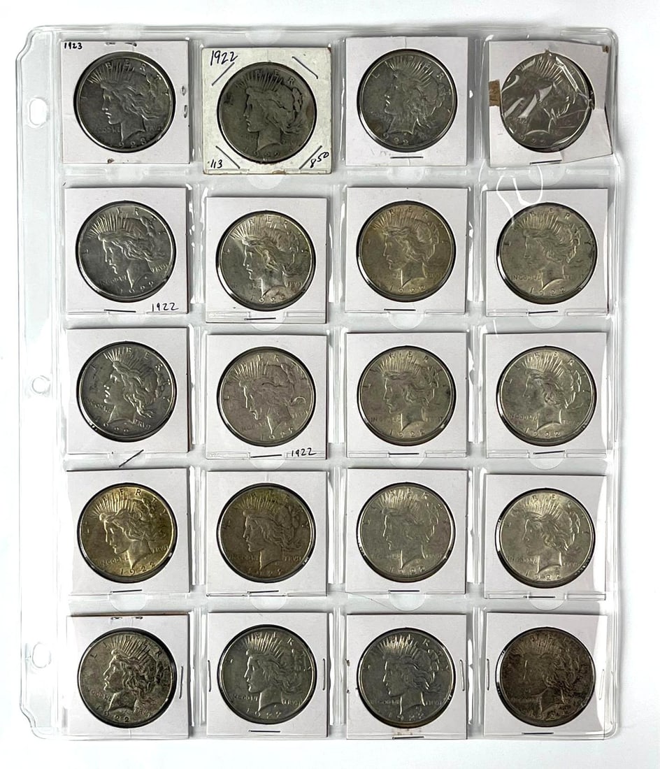 Group of 20 US Peace Silver Dollars: Includes 1 1923 and 19 1922.