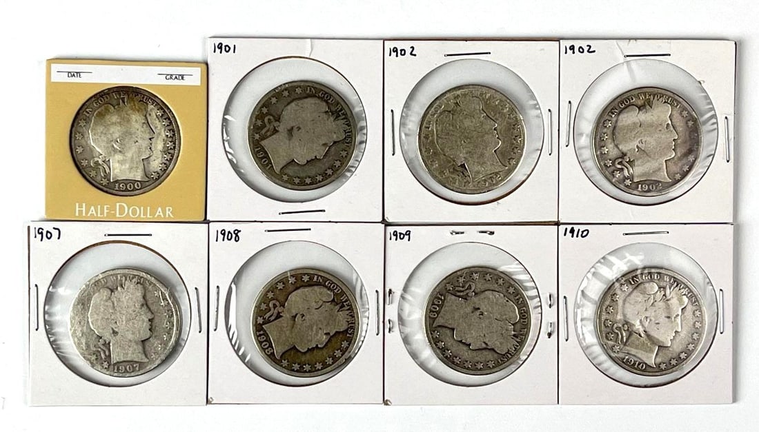 Group of 8 US Barber 90% Silver Half Dollars (1 of 2)