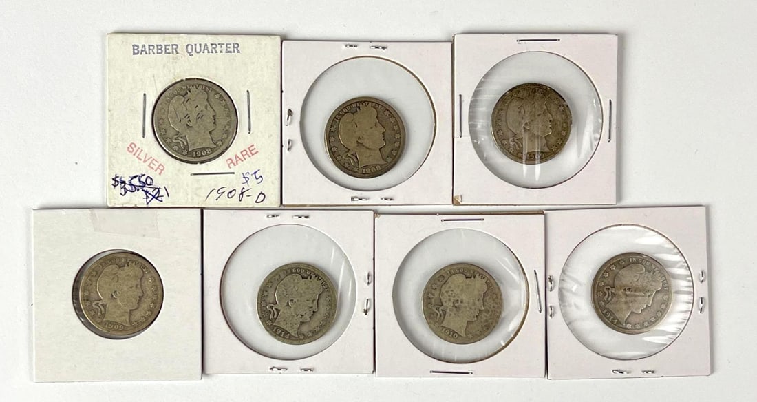 Group of 7 US Barber 90% Silver Quarters: Includes years 1908, 1909 and more.