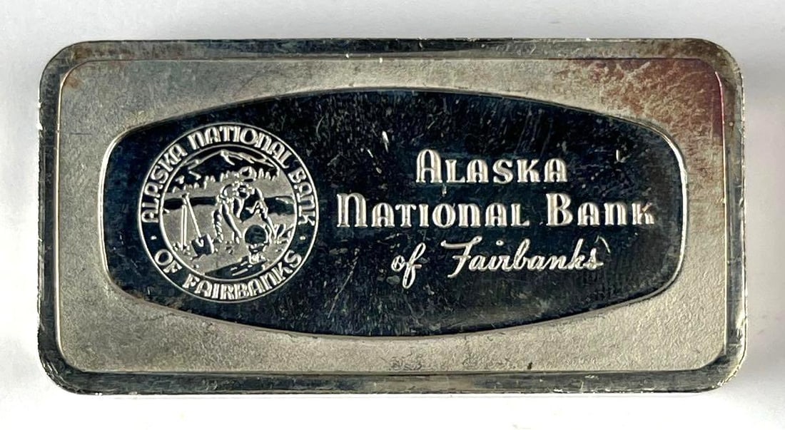 1970 The Franklin Mint 1000 Grain 2.32 oz Sterling Silver Ingot/ Bar: Alaska National Bank of Fairbanks.
