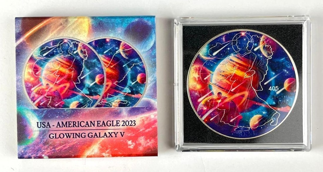 2023 US $1 Glowing Galaxy V American Silver Eagle 1 oz Fine Silver Coin: Limited Edition, Mintage of 500.