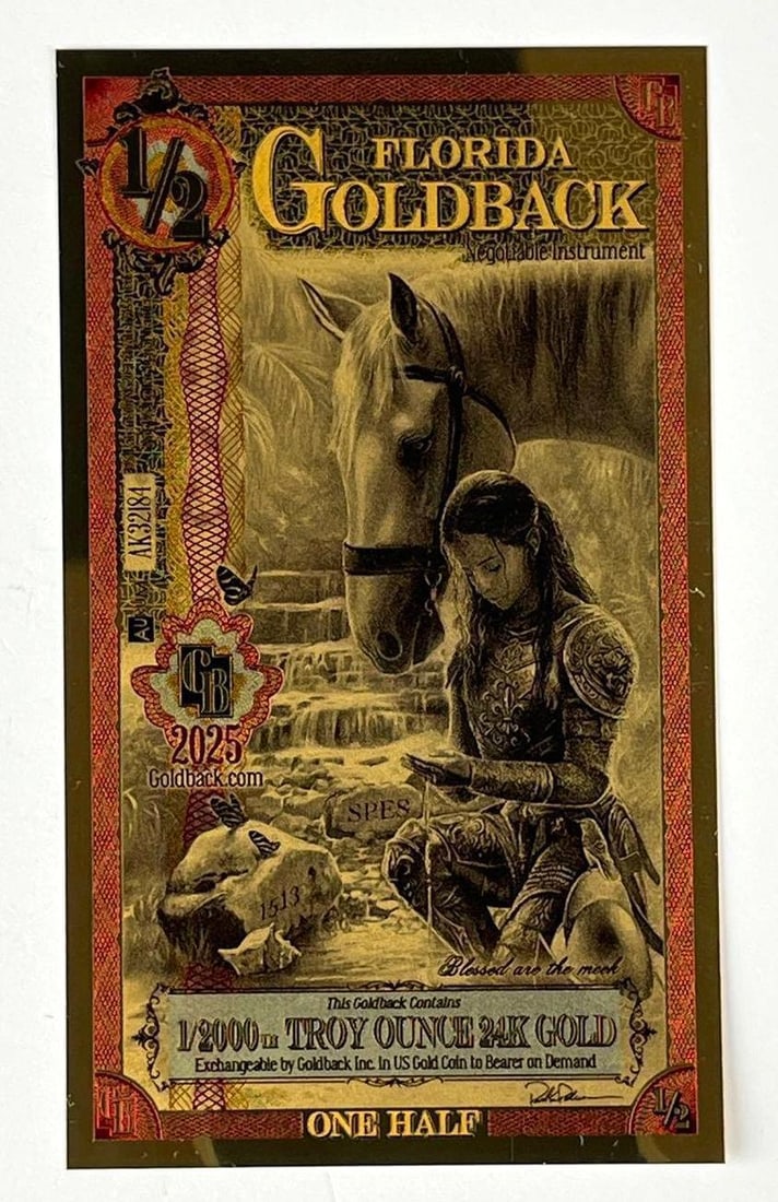 2025 AuRum 1/2 Florida Goldback Blessed are the Meek 1/2000th oz 24K Gold: 2025 AuRum 1/2 Florida Goldback Blessed are the Meek 1/2000th oz 24K Gold