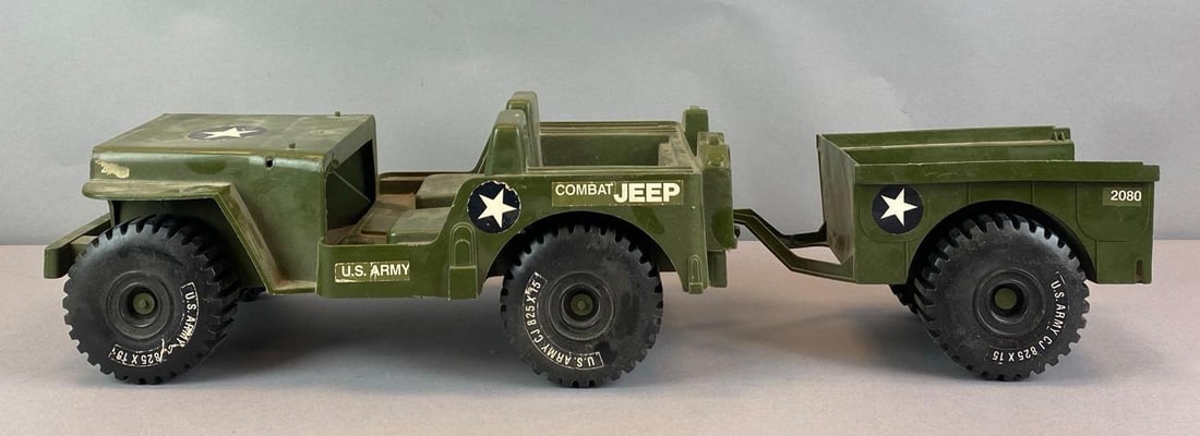 1976 Empire US Army Plastic Combat Jeep With Trailer: incomplete, Jeep measures 6 inches H x 9 inches W x 18 inches D