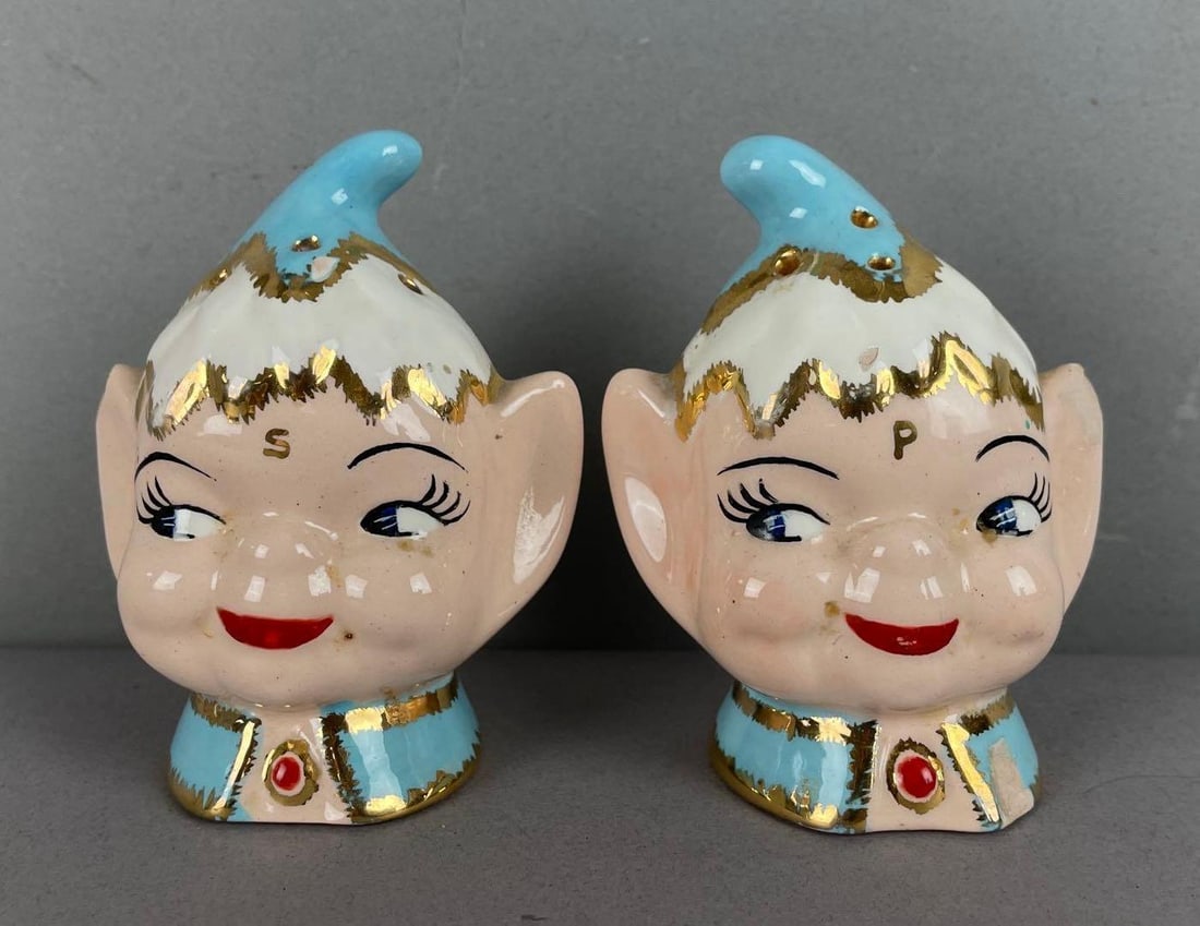 Pair of Pixie Elf Ceramic Salt and Pepper Shakers: Both have one chipped ear, measure 3 1/2 inches tall