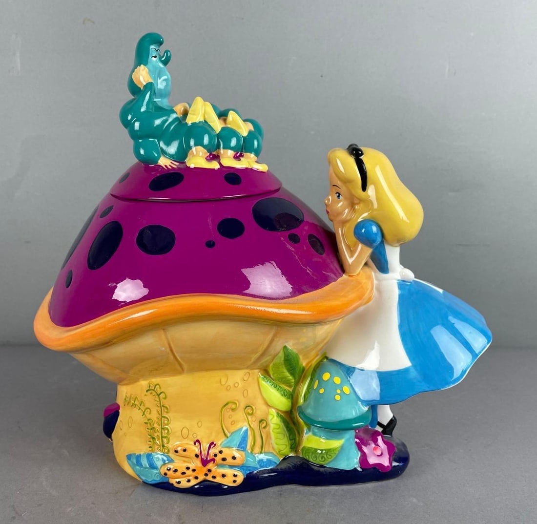 Treasure Craft Disney Alice and Caterpillar Mushroom Ceramic Cookie Jar: Measures 10 inches x 10 1/2 inches x 8 inches