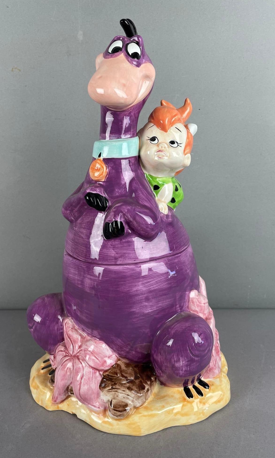 The Flintstones Pebbles and Dino Ceramic Cookie Jar: Measures 13 inches x 7 1/2 inches x 7 1/4 inches