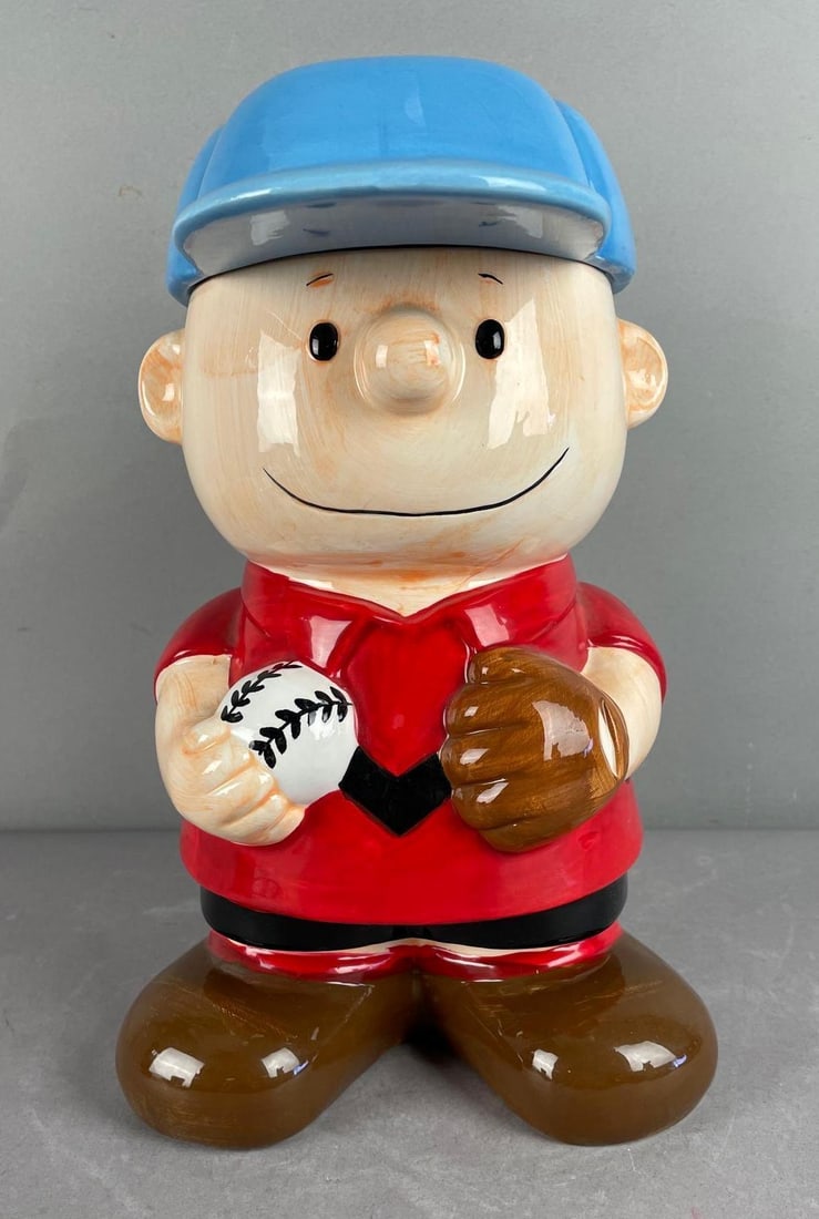 Peanuts Charlie Brown Baseball Ceramic Cookie Jar: Benjamin and Medwin, measures 12 inches x 7 inches x 7 inches