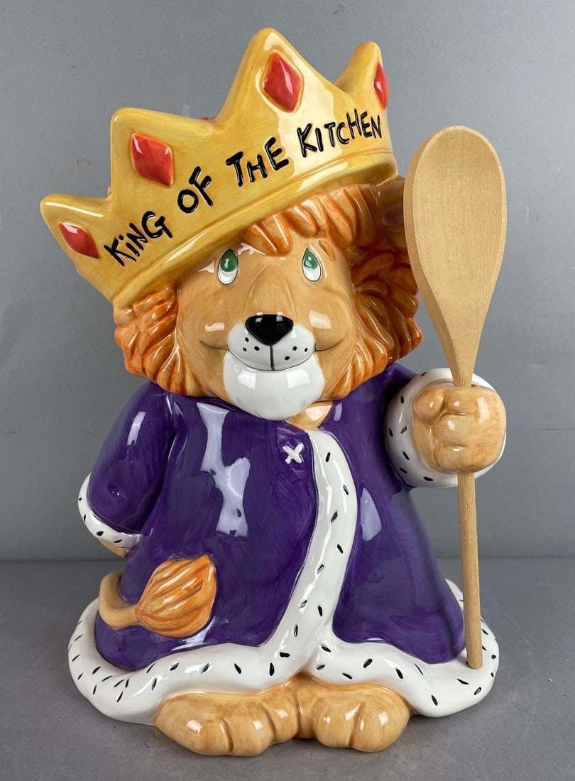 Treasure Craft King of the Kitchen Lion Ceramic Cookie Jar: Includes wooden spoon, measures 12 3/4 inches x 9 1/2 inches x 9 1/2 inches