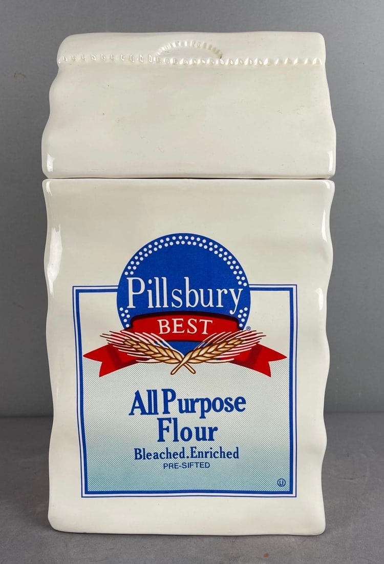1988 Pillsbury Best Flour Bag Ceramic Cookie Jar: Benjamin and Medwin, measures 11 3/4 inches x 6 1/4 inches x 5 inches