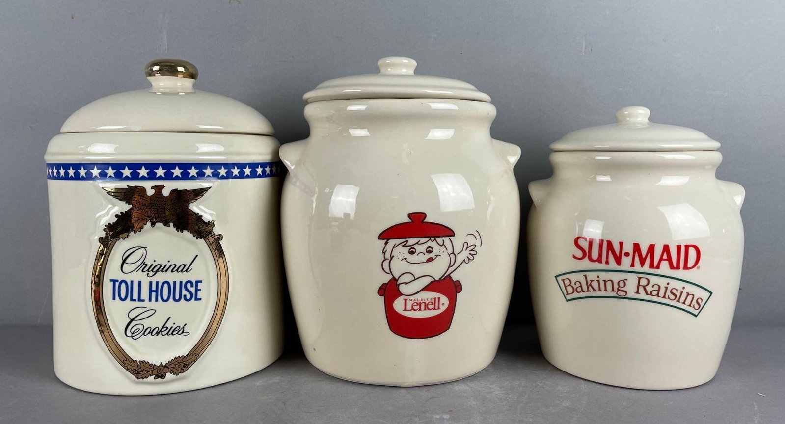 Group of 3 Advertising Ceramic Cookie Jars: Includes toll house cookies, sun-maid raisins, Monmouth pottery Maurice lenell, toll house measures 9 1/2 inches x 7 inches