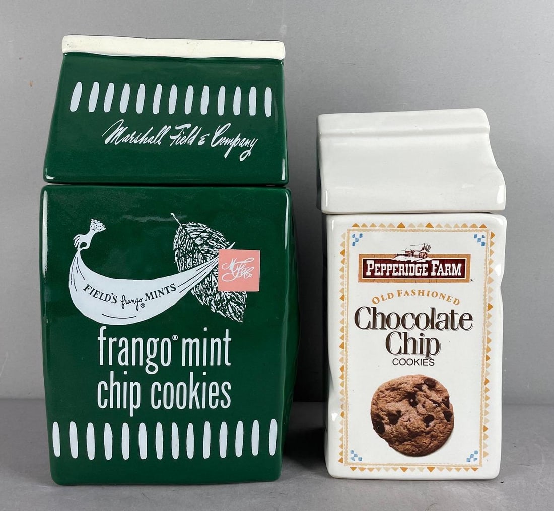 Group of 2 Advertising Ceramic Bag Cookie Jars: Includes Franco mints, Pepperidge Farm, largest measures 12 inches x 7 inches x 5 1/2 inches