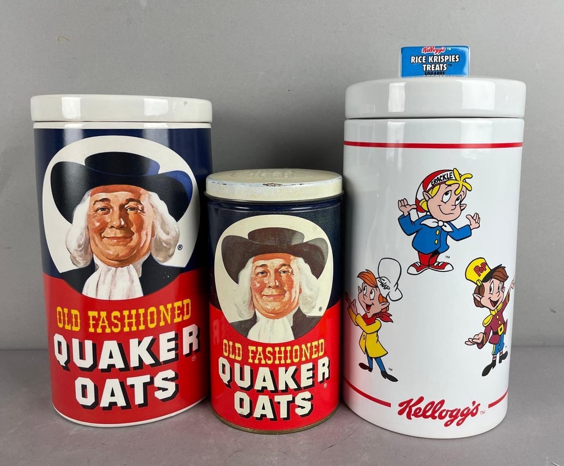 Group of 2 Advertising Ceramic Cookie Jars: Includes 1982 LE Quaker Oats tin, Kelloggs Rice Krispies treats squares measuring 11 1/4 inches x 5 1/4 inches