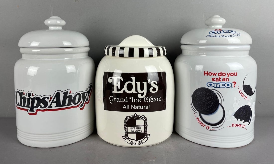 Group of Advertising Ceramic Cookie Jars: Includes Oreo, edys ice cream, chips ahoy cookies, largest measures 10 1/2 inches x 6 1/2 inches
