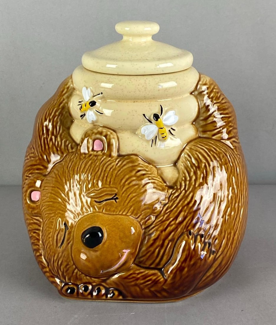 Bear and Honey Pot Porcelain Cookie Jar: Marked on base, measures 9 1/4 inches H x 8 1/2 inches W x 7 inches D