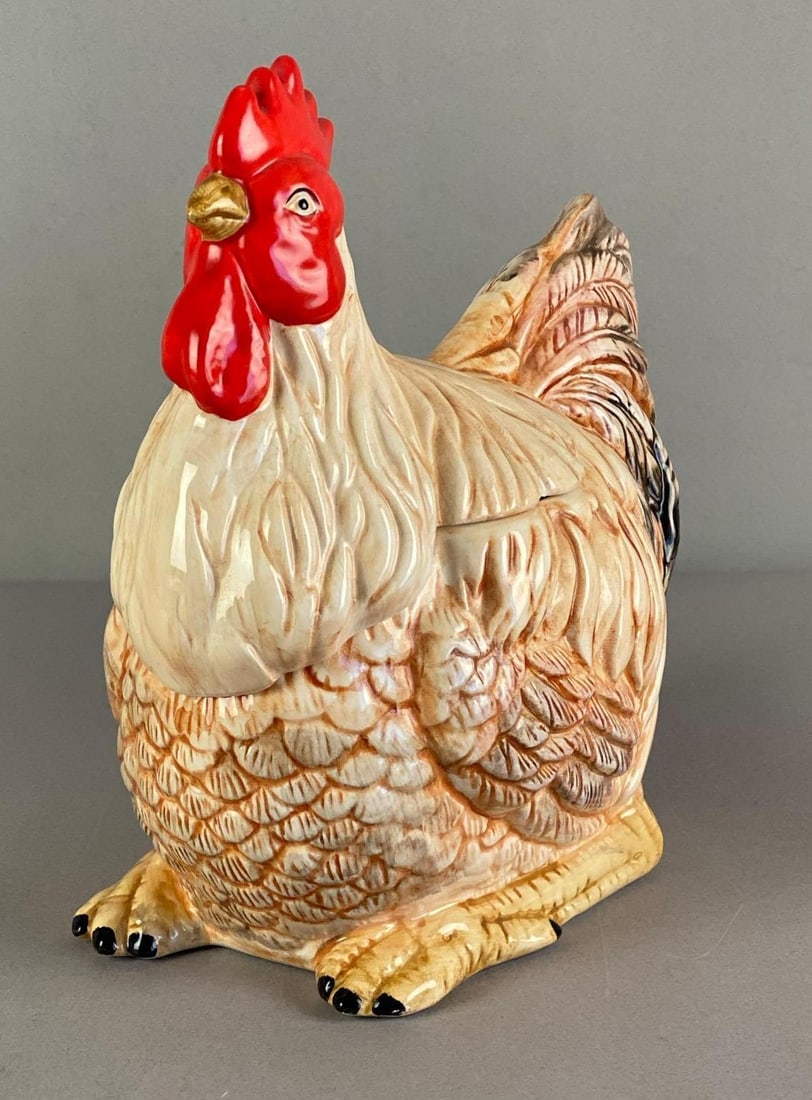 AMC Rooster Porcelain Cookie Jar: Marked on base, measures 9 1/2 inches H x 5 1/2 inches W x 11 inches D
