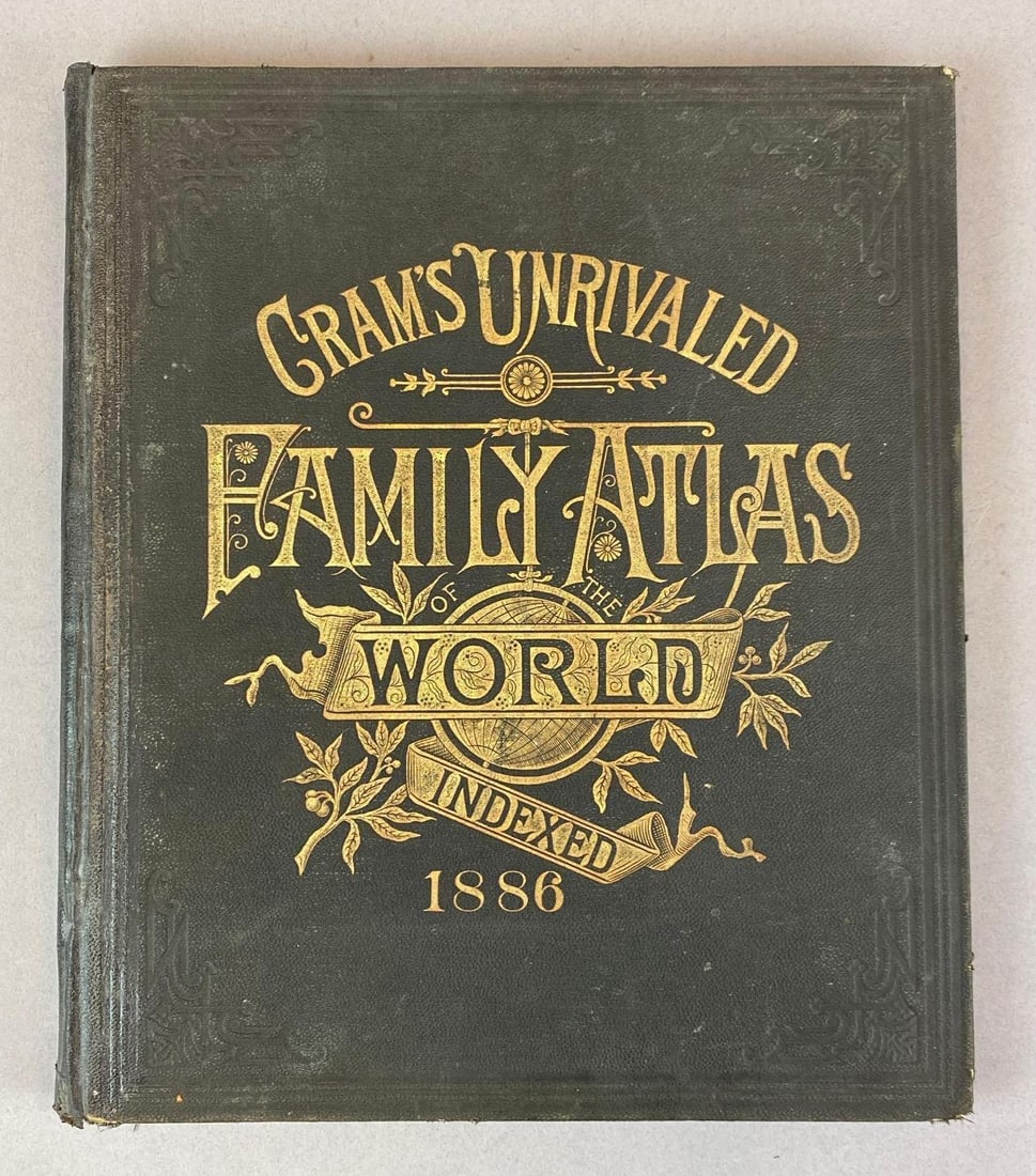 1886 Grams Unrivaled Family Atlas of the World Indexed Hardcover Book: 13th edition, Compiler - Geo F Gram Chicago IL, Publisher - JW Iliff and Co, Tape repairs made on title page, measures 14 inches H x 11 3/4 inches W